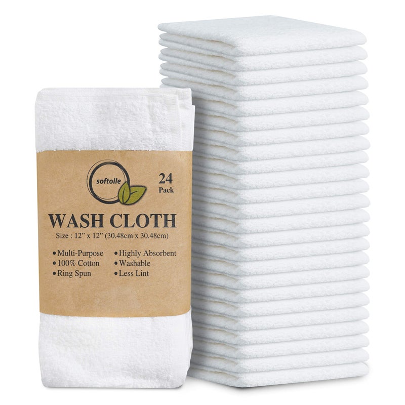 Softolle 100% Cotton Ring Spun Wash Cloths - Bulk Pack of Washcloths - 12x12 Inches - Wash Cloth for Face  Highly Absorbent  Soft and Face Towels (White  24 Pack)